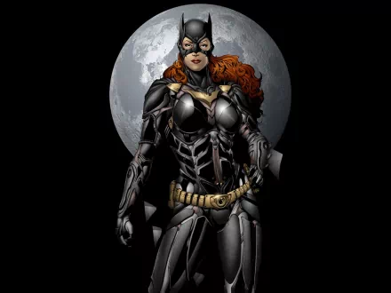 HD wallpaper featuring Batgirl, poised confidently in a sleek black and gold suit, with a glowing full moon behind her, embodying strength and heroism.