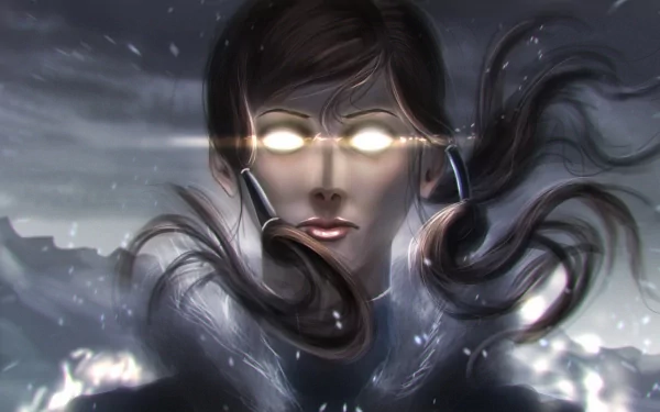A striking HD wallpaper featuring Korra from The Legend of Korra, with glowing white eyes and flowing brown hair amidst a serene snowfall backdrop.