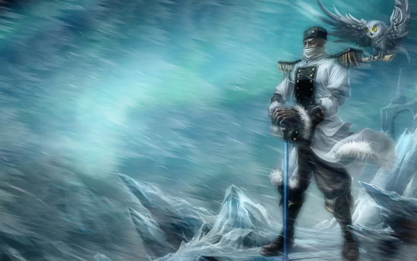 HD desktop wallpaper featuring Swain from League of Legends, standing with a blue-toned owl against a stormy, icy mountain backdrop.