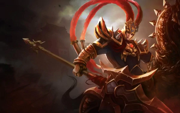 An HD wallpaper featuring Jarvan IV from League of Legends, depicted as a fierce warrior with a spear and shield, exuding strength against a dramatic background.