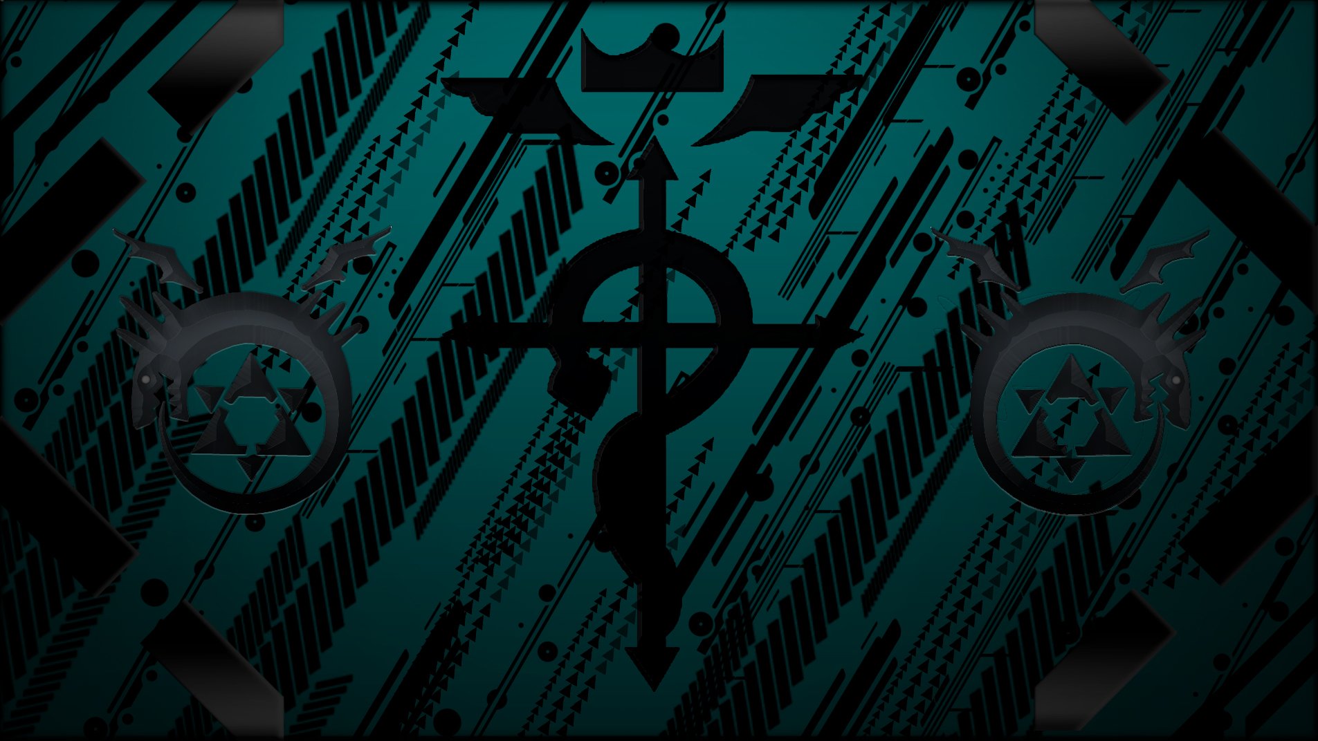 A stylized HD desktop wallpaper featuring symbols from the anime Fullmetal Alchemist, set against a teal and black abstract background.