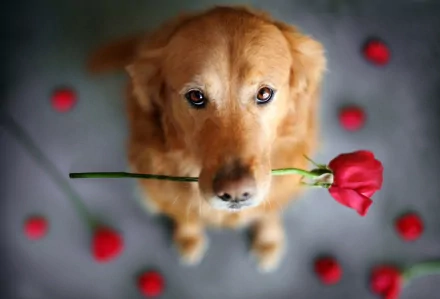 A golden retriever sits gracefully with a rose in its mouth, surrounded by scattered red rose petals, creating a charming and heartwarming scene for this HD desktop wallpaper.