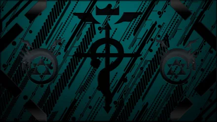 A stylized HD desktop wallpaper featuring symbols from the anime Fullmetal Alchemist, set against a teal and black abstract background.