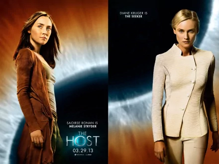 HD wallpaper featuring Saoirse Ronan as Melanie Stryder and Diane Kruger from the movie The Host (2013), showcasing their striking roles against a dramatic backdrop.