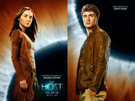 A dramatic HD wallpaper featuring Saoirse Ronan and Max Irons from the movie The Host (2013), showcasing their characters against a captivating backdrop.