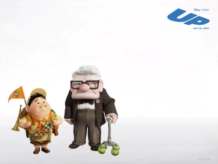 A colorful HD wallpaper featuring Carl Fredricksen and Russell from Pixar's Up, capturing the adventurous spirit of the beloved Disney film.