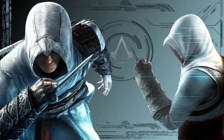 HD wallpaper featuring characters from Assassin's Creed III, showcasing a tense moment with a hooded figure wielding a hidden blade against another assassin in a dynamic pose.