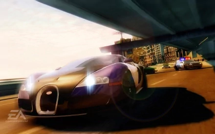 HD PC desktop wallpaper from the video game Need for Speed: Undercover showing a sleek sports car racing under an overpass as police cars pursue in a high-speed chase.