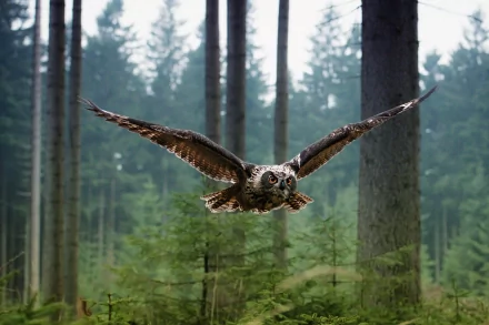 A high-definition desktop wallpaper featuring an owl in mid-flight against a backdrop of a dense forest. The bird's wings are spread wide, showcasing its majestic presence among the tall trees.