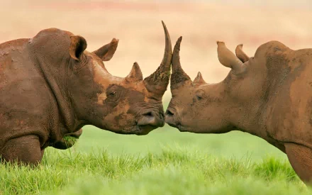 HD PC desktop wallpaper featuring two rhinos facing each other closely against a soft green and beige natural background.