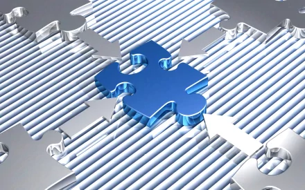 CGI 3D man-made puzzle piece highlighted in blue, fitting into a metallic surface with arrows, designed as an HD PC desktop wallpaper and background.