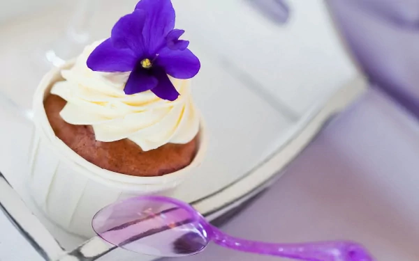2K Quad HD PC desktop wallpaper of a food cupcake: close-up of a frosted cupcake topped with a purple flower beside a translucent purple spoon.