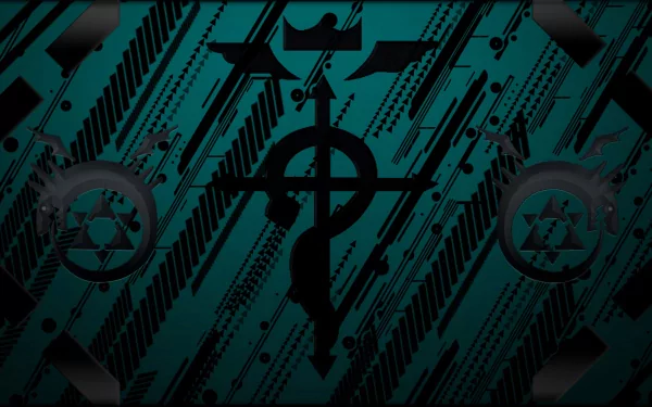 A stylized HD desktop wallpaper featuring symbols from the anime Fullmetal Alchemist, set against a teal and black abstract background.
