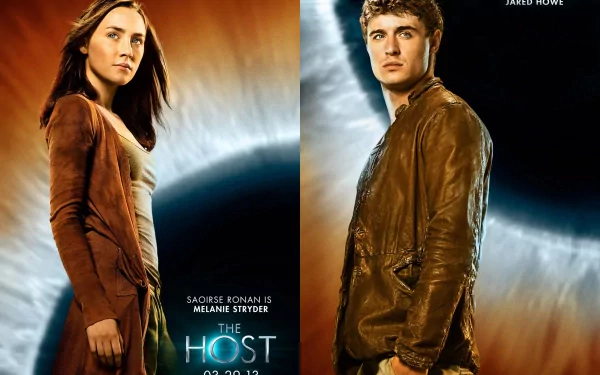 A dramatic HD wallpaper featuring Saoirse Ronan and Max Irons from the movie The Host (2013), showcasing their characters against a captivating backdrop.