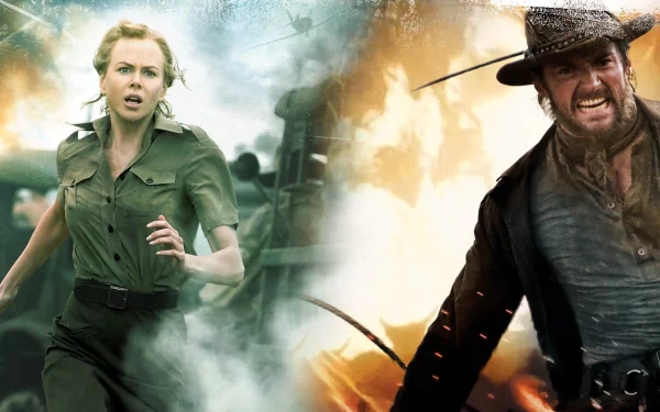 HD desktop wallpaper featuring Nicole Kidman as Lady Sarah Ashley and Hugh Jackman as a drover from the movie Australia, set against a dramatic smoky backdrop.
