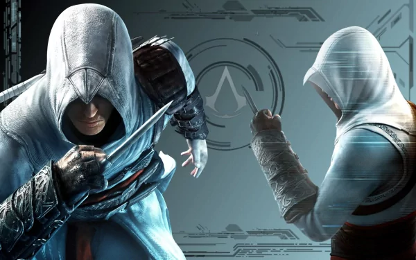 HD wallpaper featuring characters from Assassin's Creed III, showcasing a tense moment with a hooded figure wielding a hidden blade against another assassin in a dynamic pose.