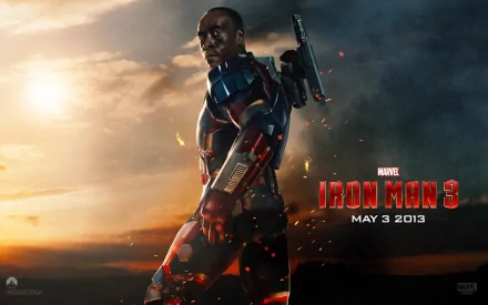 Don Cheadle as War Machine in a dramatic scene from Iron Man 3, featuring bold colors and action-packed visuals. Released on May 3, 2013, this image makes a striking desktop wallpaper.