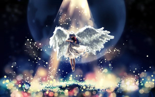 HD wallpaper featuring Kanade Tachibana from Angel Beats!. The anime character appears in an ethereal scene with glowing lights and angel wings, adding a dreamlike atmosphere to the desktop background.