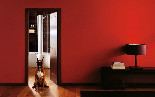HD desktop wallpaper featuring a boxer dog sitting attentively in a doorway, framed by a bold red wall and minimalist interior design.
