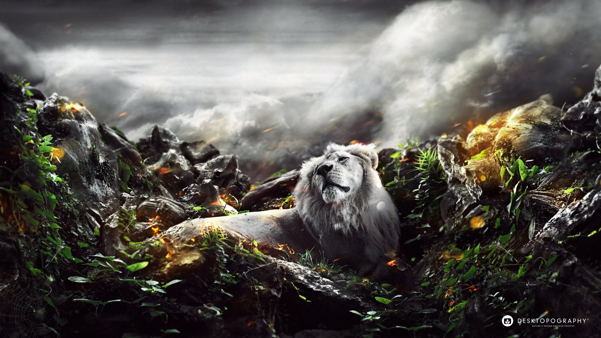 Artistic HD desktop wallpaper featuring a majestic white lion resting amidst lush, glowing foliage under a dramatic, cloudy sky, captured in vivid detail.