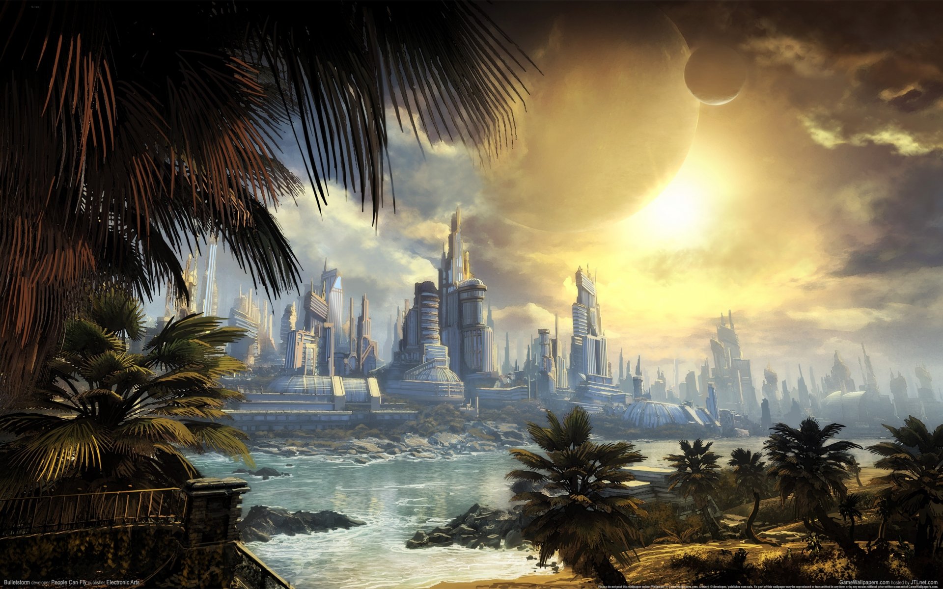 Artistic HD PC desktop wallpaper depicting a futuristic cityscape bathed in golden light, framed by palm trees and a dramatic sky over a coastal landscape.