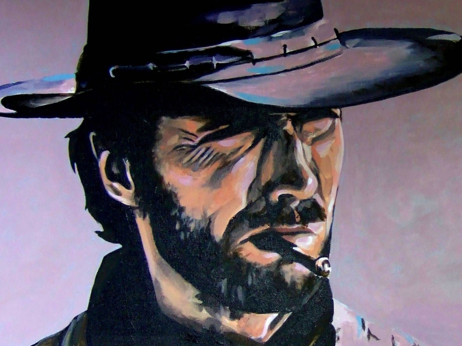 HD PC desktop wallpaper featuring a stylized portrait of Clint Eastwood as a cowboy, capturing his iconic rugged look and intense expression.
