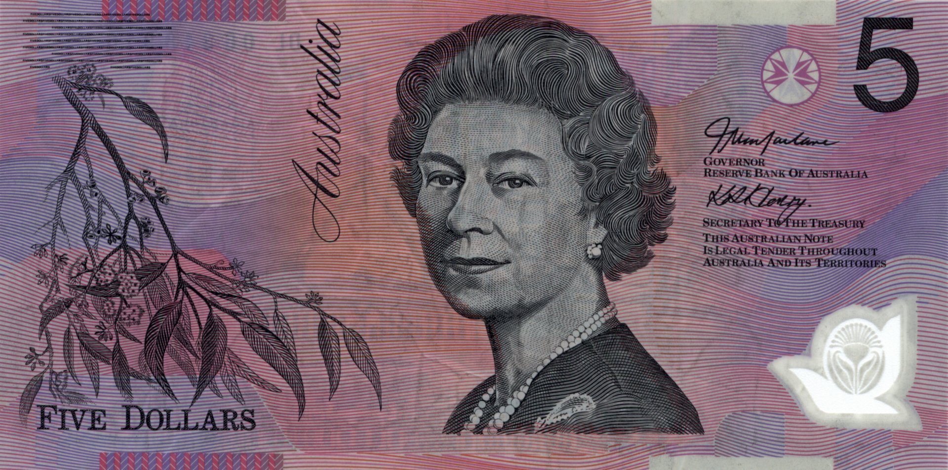 Close-up of a detailed Australian Dollar banknote featuring a portrait of Queen Elizabeth II, designed as a 4K Ultra HD man-made desktop wallpaper.