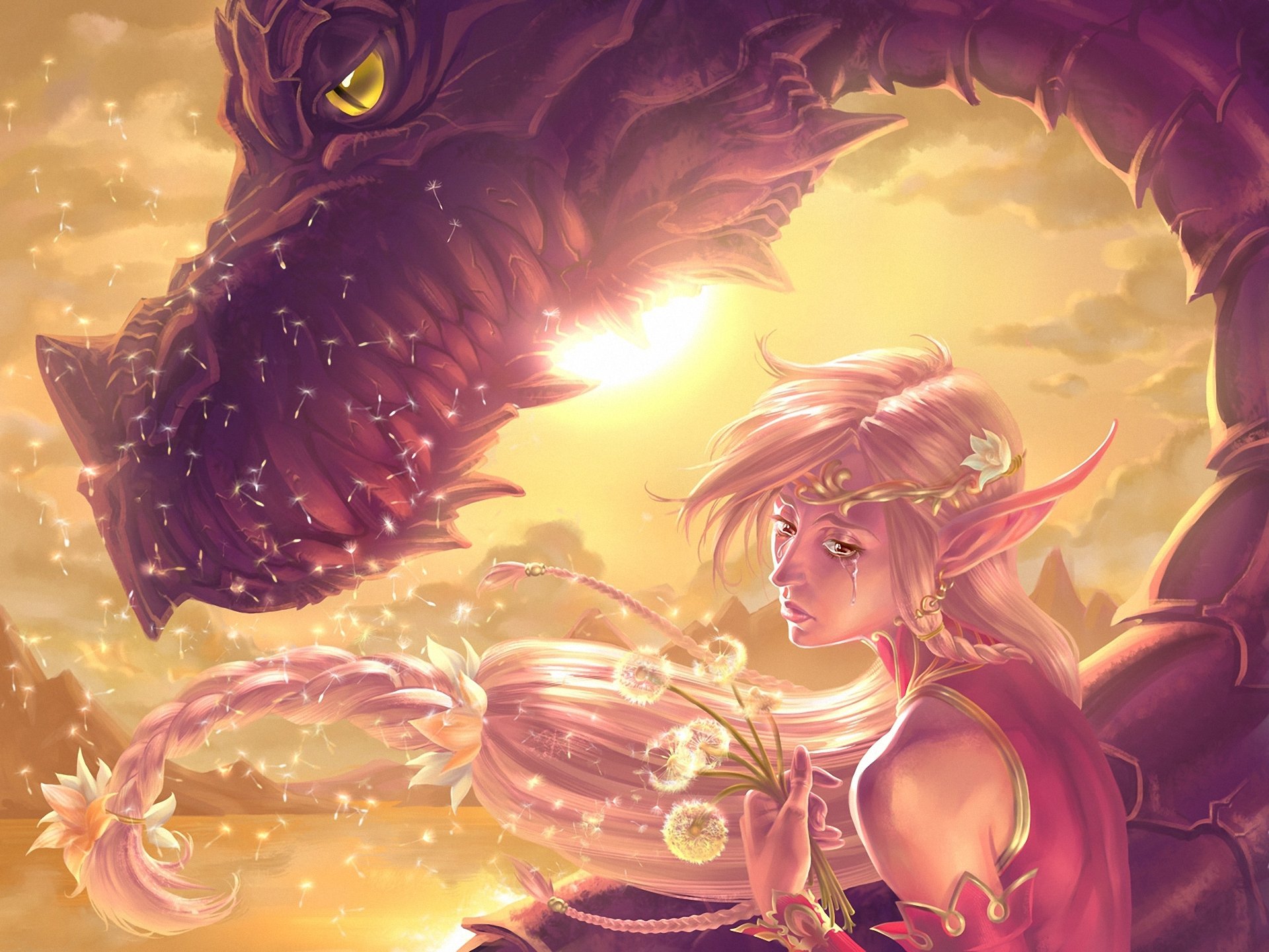 A stunning fantasy-themed HD desktop wallpaper featuring an elegant elf with long hair, surrounded by flowers, gazing at a majestic dragon against a vibrant sunset backdrop.