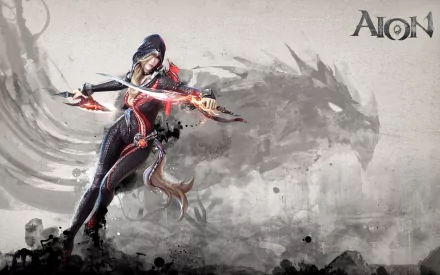 AION HD PC desktop wallpaper: hooded archer woman firing a glowing red bow before a smoky dragon silhouette on a grayscale battlefield, AION logo in the top right.
