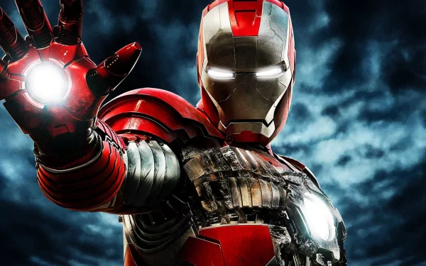 A high-definition image of Tony Stark in his Iron Man suit from the movie Iron Man 2, striking a powerful pose with his palm extended, showcasing his glowing repulsor.