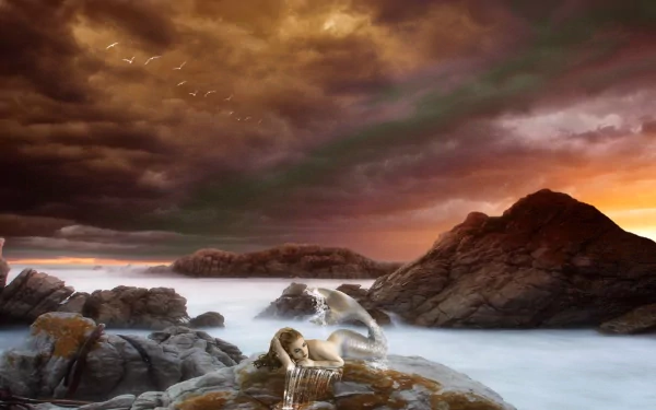 A serene mermaid reclines on rocky shores, surrounded by gentle waves under a dramatic sky, creating a captivating fantasy scene in this HD PC desktop wallpaper.