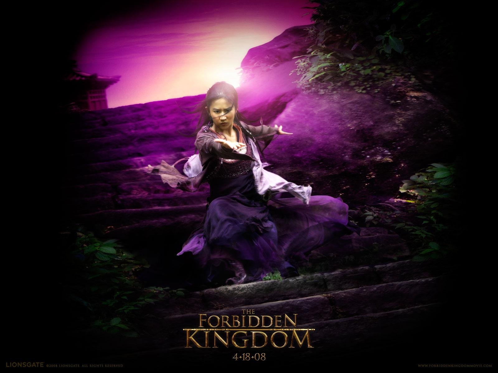 HD PC desktop wallpaper from the movie The Forbidden Kingdom: a robed woman poised on mossy stone steps amid swirling purple mist and dramatic cinematic lighting.