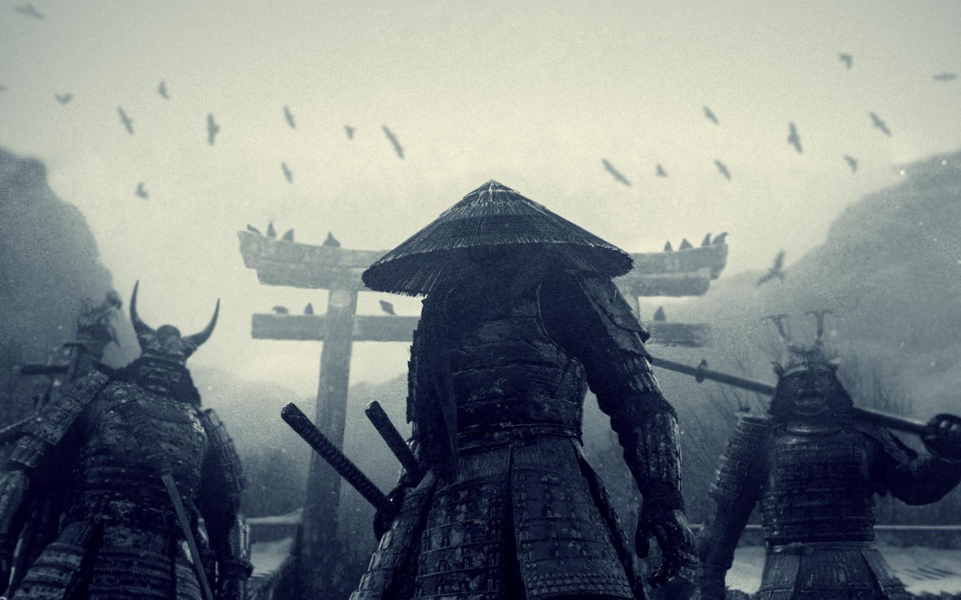 Moody samurai silhouettes before a torii gate beneath circling birds — cinematic still from the movie Sucker Punch, 2K Quad HD PC desktop wallpaper and background.