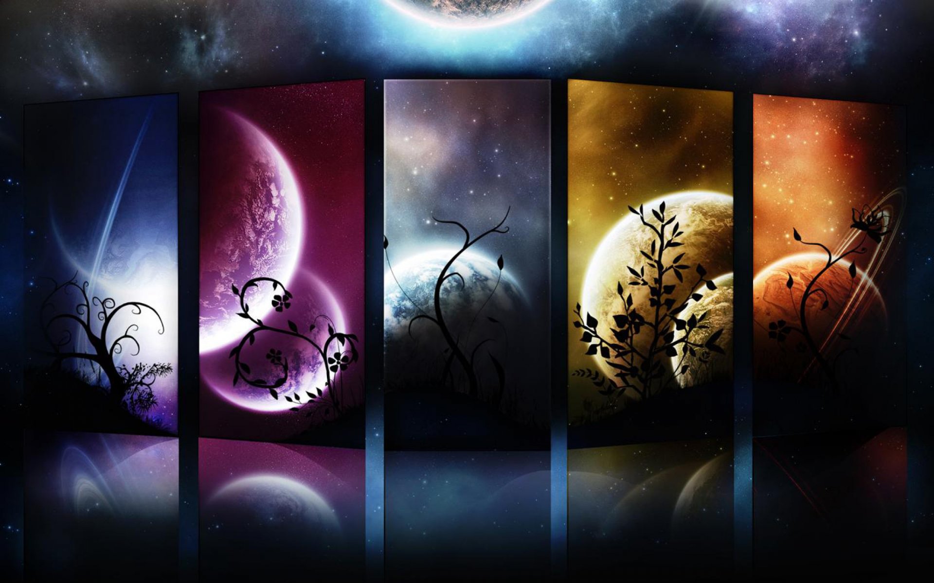 Artistic Digital Art 2K Quad HD PC desktop wallpaper: five vertical panels showing colorful planets, swirling floral vines and a starfield with a mirrored reflection.