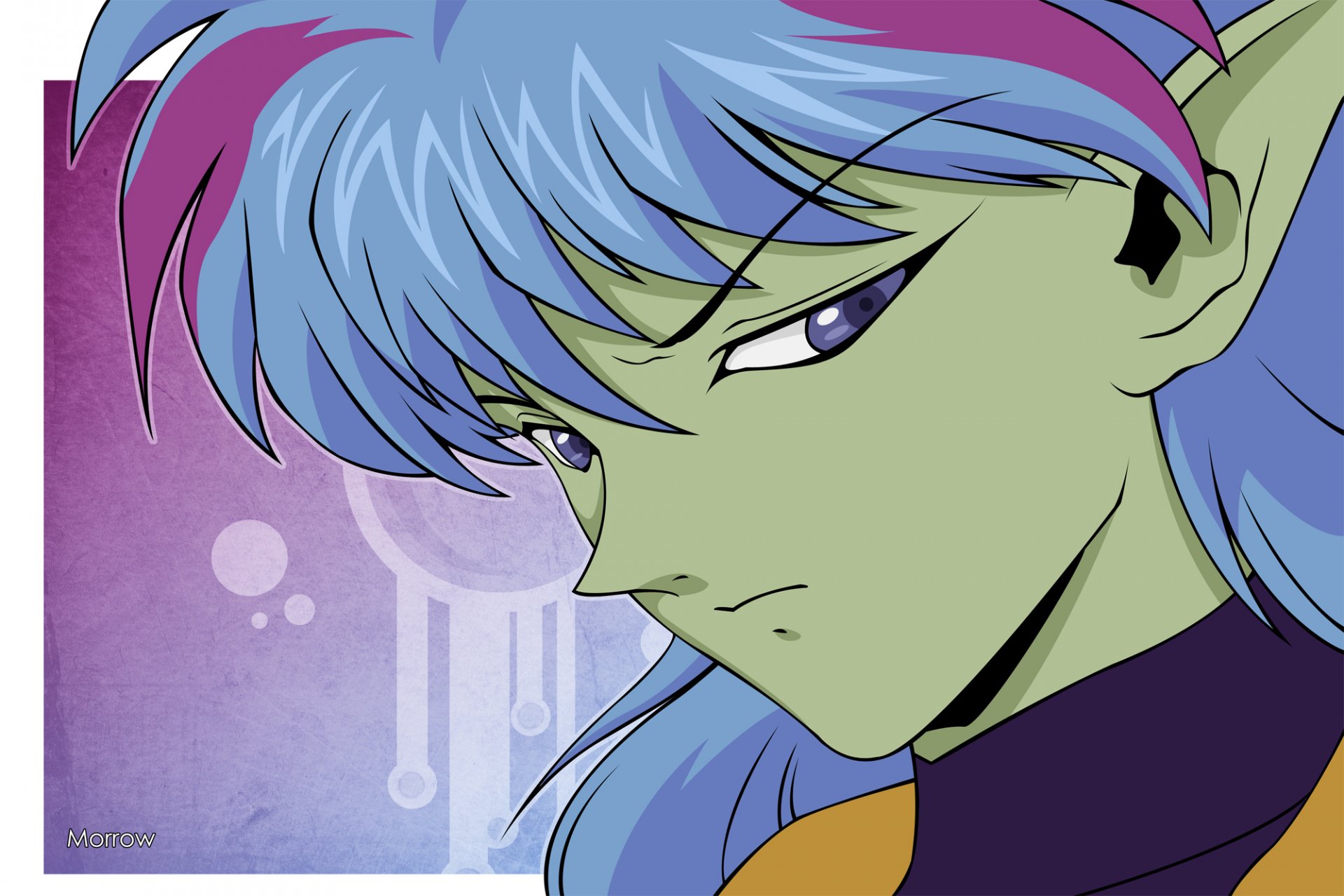Vector anime-style HD desktop wallpaper features a close-up of an alien character with blue hair and green skin from the Sailor Moon series against a purple background.