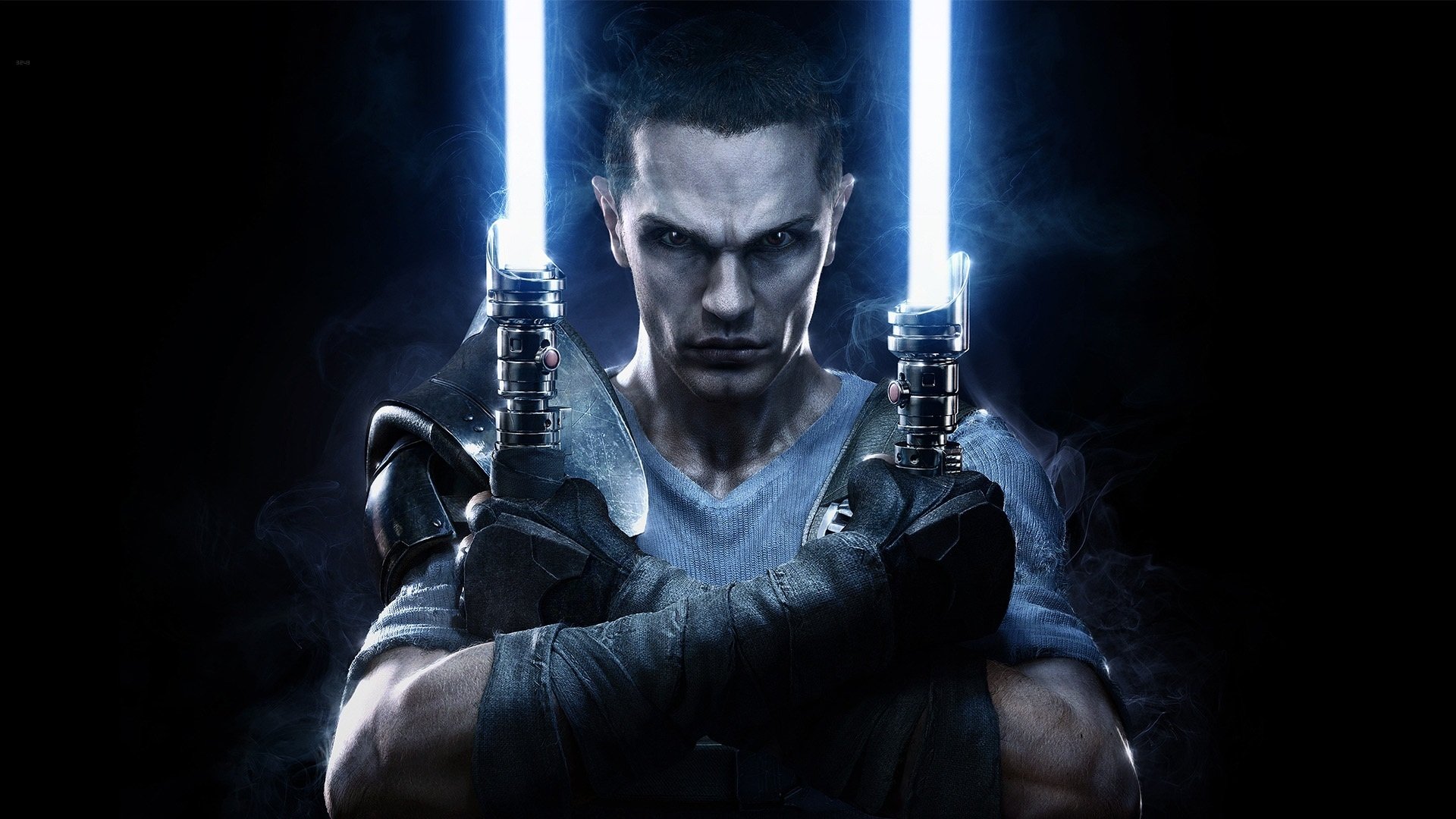 HD PC desktop wallpaper featuring a character from the video game Star Wars: The Force Unleashed II holding two blue lightsabers against a dark background.
