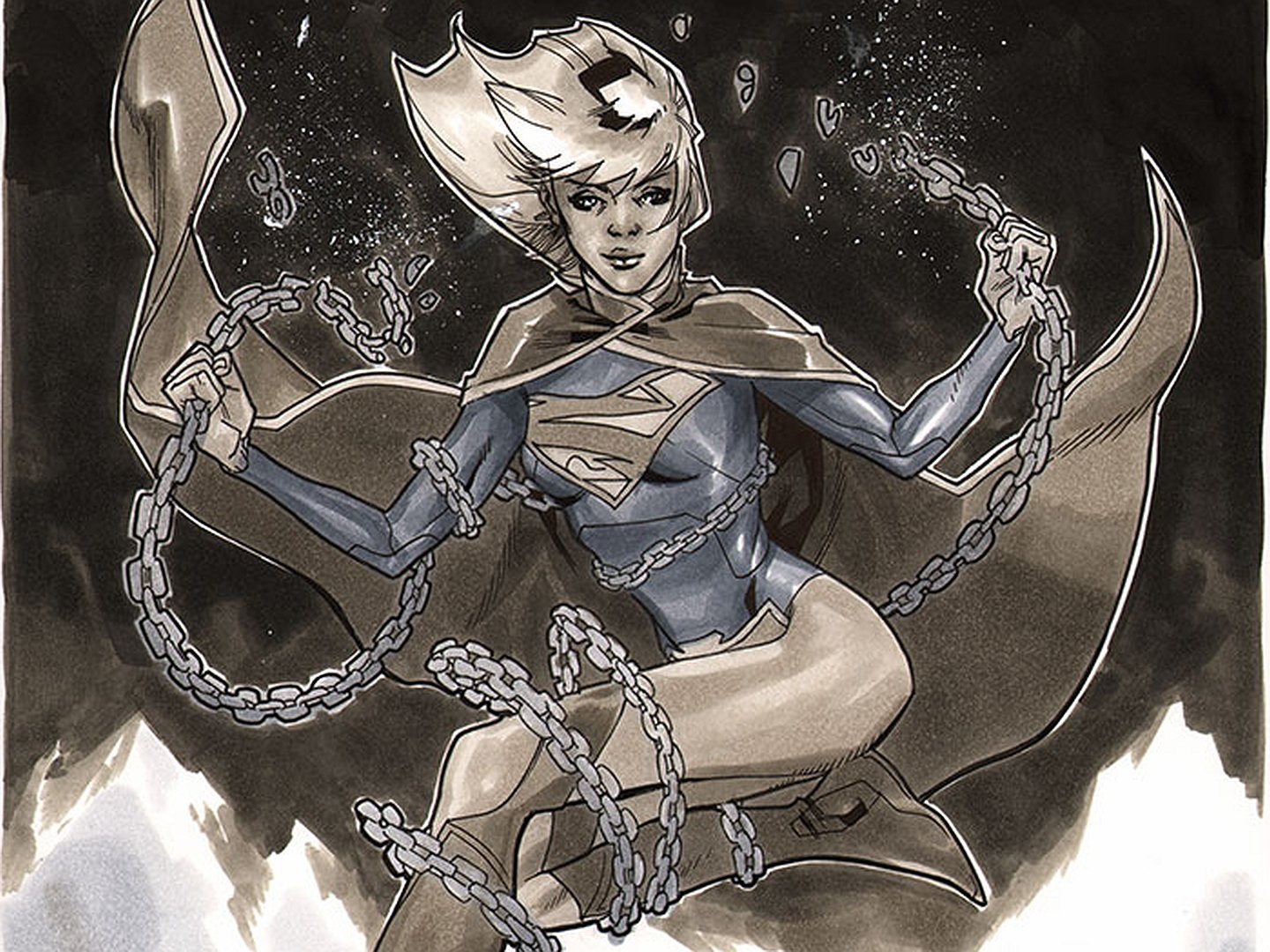 Comic-style Supergirl in dynamic pose, chains in hand, cape flowing; monochrome HD PC desktop wallpaper and background.