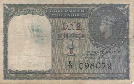 Man-made vintage Indian Rupee one-rupee banknote with ornate engraving and visible serial number on muted green-gray paper — 4K Ultra HD PC desktop wallpaper/background.