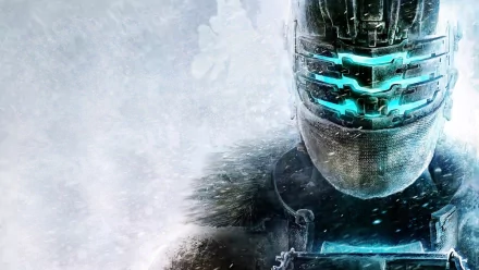 HD PC desktop wallpaper featuring Isaac Clarke from the video game Dead Space 3, showcasing his iconic helmet with glowing blue visor in a snowy, icy environment.
