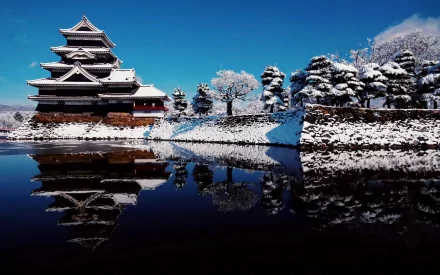A stunning HD wallpaper showcasing Matsumoto Castle surrounded by snow, reflecting beautifully in the water, under a clear blue sky. A captivating view of man-made beauty in winter.