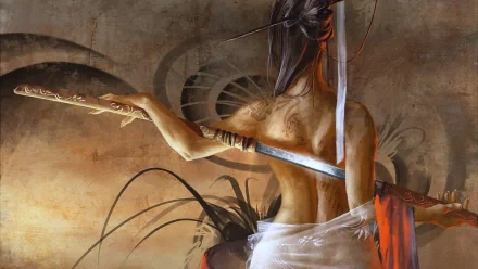 HD PC desktop wallpaper featuring a character from the video game Kal Online, set against a muted, artistic background with dynamic brushstrokes and textures.