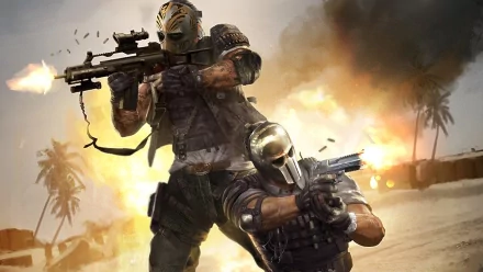 Dynamic HD desktop wallpaper from Army of Two: The Devil's Cartel, featuring two masked characters in an explosive battle scene against a vibrant background.