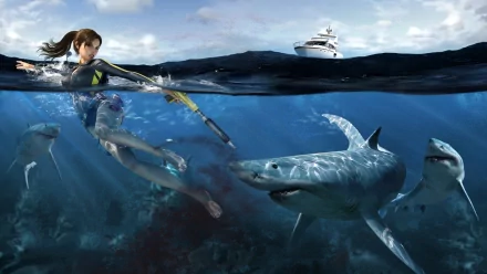 HD PC desktop wallpaper from the video game Tomb Raider: Underworld, featuring Lara Croft underwater surrounded by sharks with a boat above the water.
