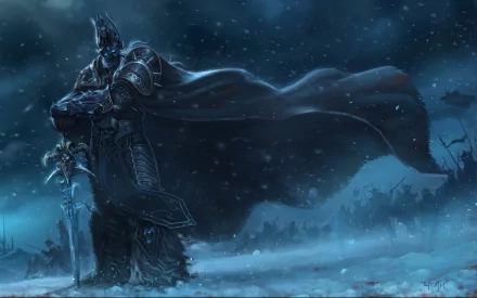 A striking HD wallpaper featuring the Lich King from World of Warcraft: Wrath of the Lich King, standing ominously in a snow-covered landscape.