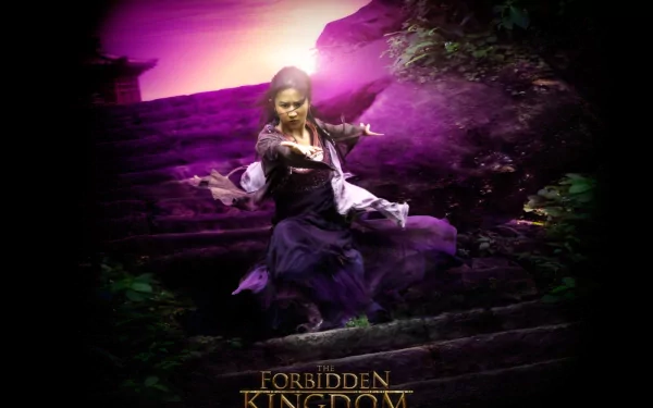HD PC desktop wallpaper from the movie The Forbidden Kingdom: a robed woman poised on mossy stone steps amid swirling purple mist and dramatic cinematic lighting.