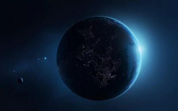 2K Quad HD PC desktop wallpaper: Earth From Space at night, glowing blue limb, city lights across continents, small moon nearby - nature-themed background.