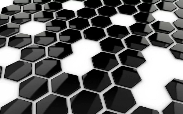 HD 3D art featuring black and white hexagons in a CGI-rendered pattern, creating a modern, geometric desktop wallpaper design.