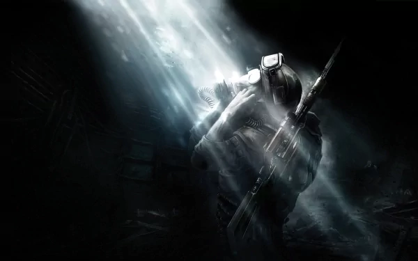 A dark, atmospheric HD PC desktop wallpaper from the video game Metro: Last Light, featuring a soldier in a gas mask, illuminated by beams of light against a shadowy backdrop.