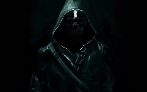 HD PC desktop wallpaper of Corvo Attano from the video game Dishonored, featuring the masked assassin in a dark, ominous setting.