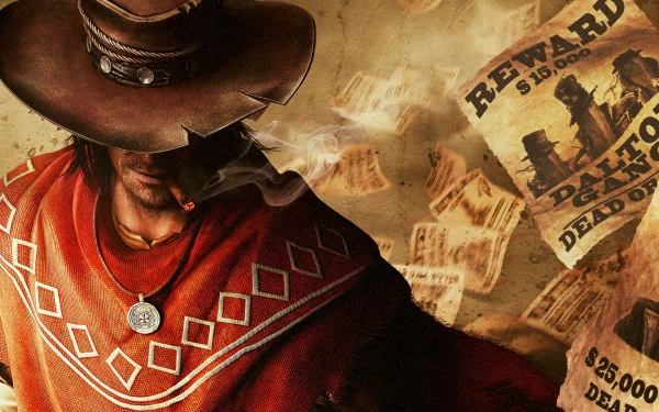 HD PC desktop wallpaper featuring a lone gunslinger from the video game Call of Juarez: Gunslinger, set against a backdrop of wanted posters and smoky atmosphere.